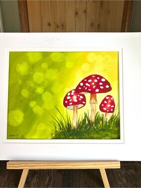 Handmade New Watercolor Painting: Three Mushrooms